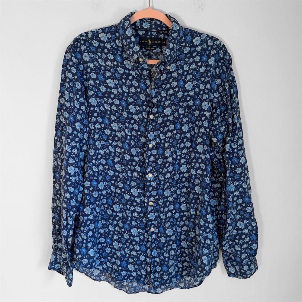 Ralph Lauren Luxury Linen Shirt Men's Large Blue Floral Button Down Long Sleeve